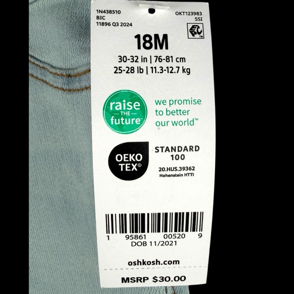 OshKosh B’gosh by Carter’s Baby Girl Jeans 18M Light Wash – Brand New with Tags - Picture 14 of 16